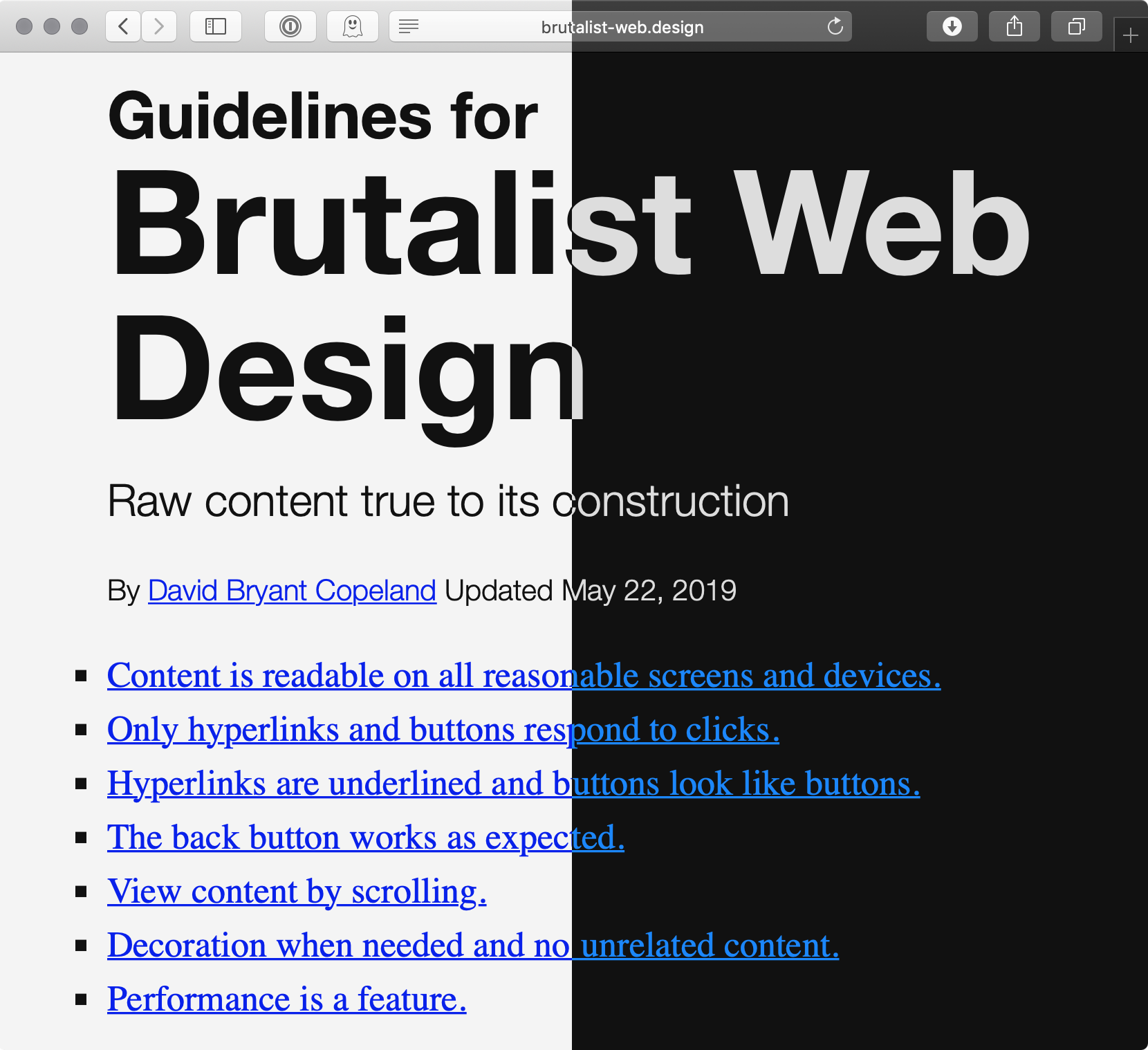 Rendering of brutalist-web.design's website in dark mode and light mode side-by-side