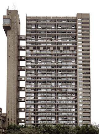 Picture of the Trellick Tower in London, which is a brutalist building where the elevator's location is extremely obvious in its design